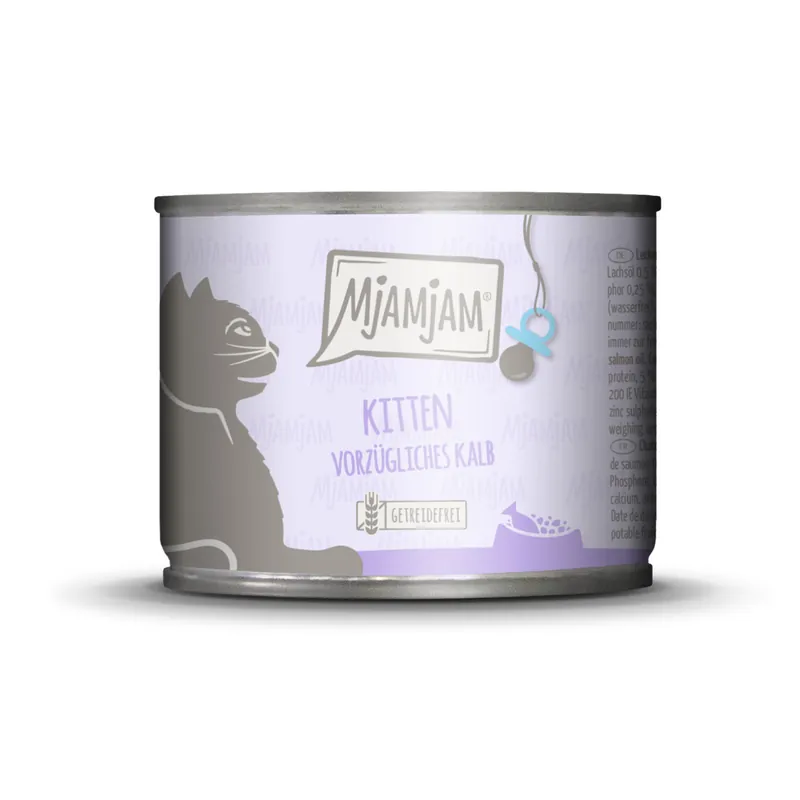 Markenprodukt MJAMJAM Leckere Mahlzeit Kitten vorzügliches Kalb mit Lachsöl 200g Dose Katzennassfutter